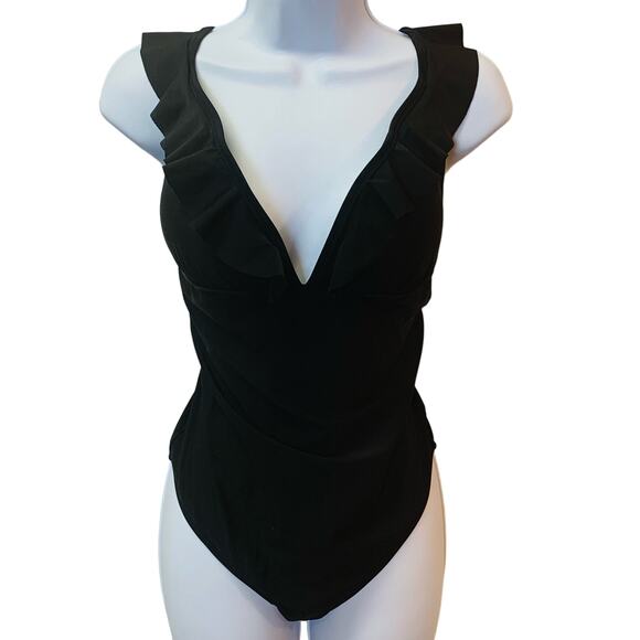 J Crew One Piece Swimsuit L Large Black Low Cut Hipster High Hip Ruffled Straps - Picture 1 of 10